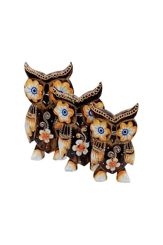 Ahşap Aborjin Üçlü Baykuş Dekoratif Biblo No.1 17 Cm