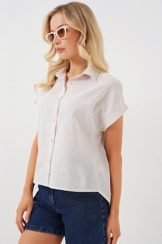 Gülsüm Aydın Çizgili Kısa Kol Gömlek 20324 - Krem Krem