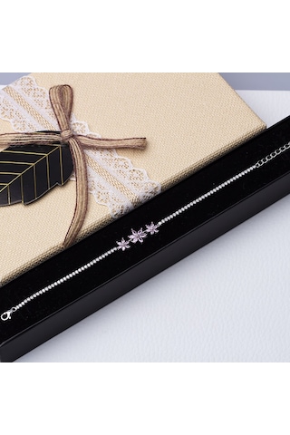 3'lü Çiçek Model Pembe Zirkon Taşlı 925 Ayar Gümüş Kadın Bileklik Gümüş