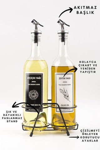 Lexroo Şeffaf 750 Ml Siyah Beyaz Etiketli Siyah Standlı Akıtıcılı Yağlık Yağdanlık