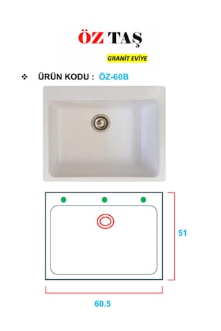 Öztaş ÖZ-60b Granit Mutfak Eviye Beyaz Tek Gözlü 55 x 60 CM
