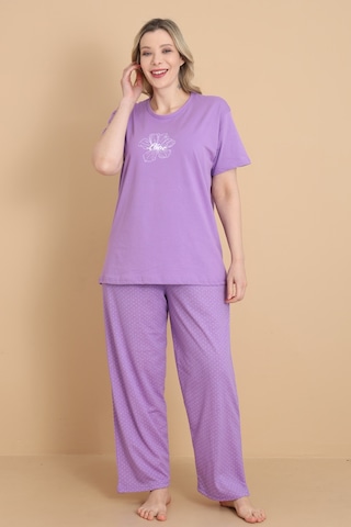 Wordex Mirano 4501 Kısa Kollu Lila Süprem Kumaş Büyük Beden Kadın Pijama Takımı