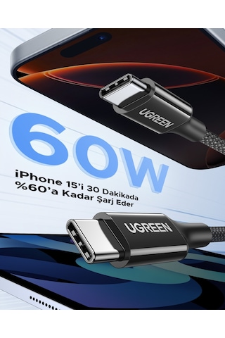 Ugreen USB-C 60W 3A QC PD Örgülü Hızlı Şarj Kablosu 1 M Siyah 35254