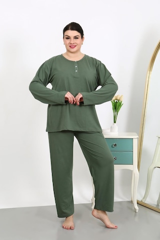 Akbeniz Kadın Büyük Beden Uzun Kol Penye Pijama Takımı Haki 202501 Haki
