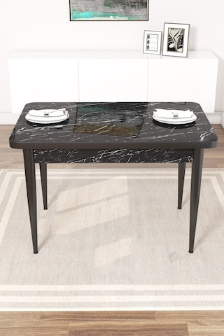 Canisa Concept Arp Serisi 70x110 Sabit Mutfak Masası Takımı Siyah Mermer Desen Masa 4 Gül Kurusu Sandalye Masa Siyah/ Sandalyeler Gülkurusu