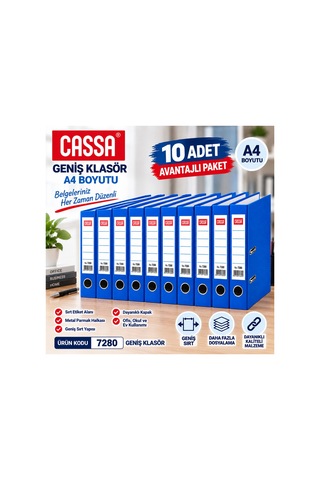 7280 Geniş Klasör A4 Mavi 10 Adet Avantajlı Ekonomik Paket