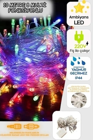 10 Mt Sl-1013 Fişli 100 Led Rgb Renkli Işıklı Ultra Güçlü Yılbaşı Ağaç Işık 8 Fonksiyonlu Dekoratif Çok Renkli