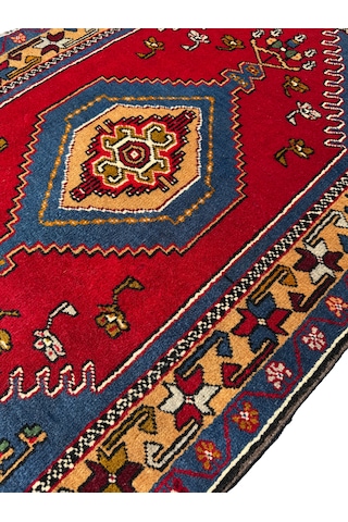 El Dokuma Sıfır Yahyalı Halısı 81x140 Kırmızı Mavi Kök Boya Yün Halı Kırmızı