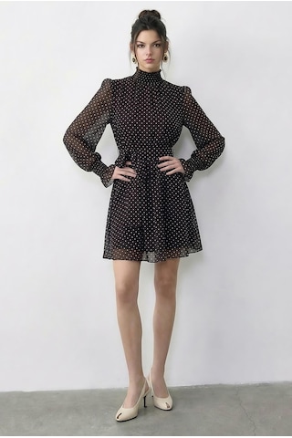 Kadın Puantiyeli Gipeli Kol Detaylı Kuşaklı Astarlı Mini Elbise 0986 60286031 - Acı Kahve Çok renkli