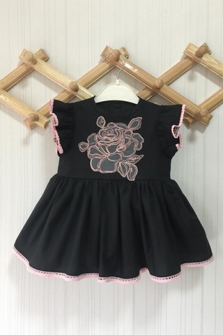 Gül Aplike Ve Dantel Detaylı Kız Çocuk Bebek Siyah Pamuklu Elbise 001