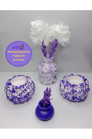 Mor Dekoratif Mumluk Obje Çiçekli Vazo Takımı Süsler Dahil Mor