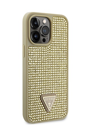 Apple Uyumlu iPhone 14 Pro Max Kılıf Guess Lisanslı Taşlı Arka Yüzey Üçgen Logolu Kapak Gold