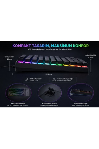 68 Tuş Türkçe Q Rgb Mekanik Gaming Klavye Outemu Manyetik Switch Hot Swappable Type-c Kablolu Kompakt Klavye