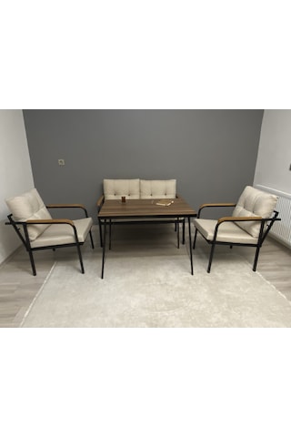 Modern Dünya Balkon, Bahçe, Cafe - Metal Kanepe Koltuk Takımı - 2+1+1 + Masa Krem Modernsh35 Krem
