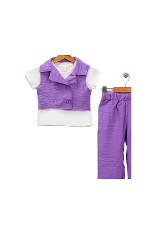 Dantel Detay Kız Çocuk Takım Yelekli Kız Çocuk Takım Lila
