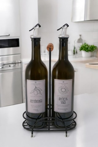 Digithome Petra 2'li Siyah Metal Standlı Ahşap Saplı Yağdanlık Seti Gümüş Etiketli Amber Yağlık 750 Ml Siyah