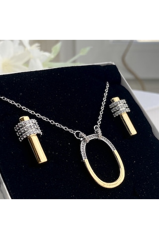 Kyver Halka Çift Renk Zirkon Taşlı Kadın Kolye Küpe Set 45 CM Altın - Beyaz