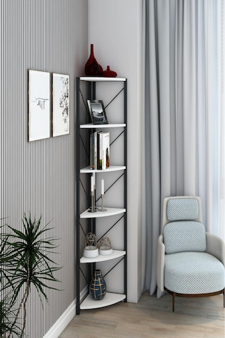 Datça 6 Raflı Metal Köşe Kitaplık Rafı Dekoratif Aksesuar Rafı 180 Cm Beyaz Beyaz