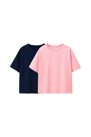 Zuzunga Basic 2'li Kız Çocuk Bisiklet Yaka T-shirt Lacivert - Pembe Pembe