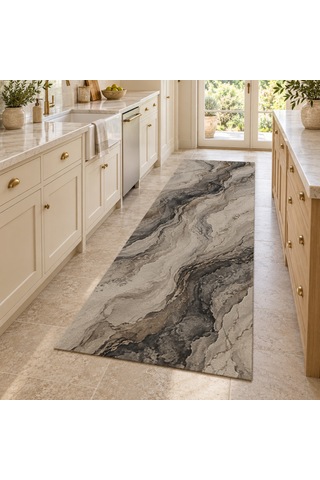 Kartela Halı Mineral Akış Gri Antrasit Koridor Mutfak Yolluk Halısı Kaymaz Taban 100x300 Cm