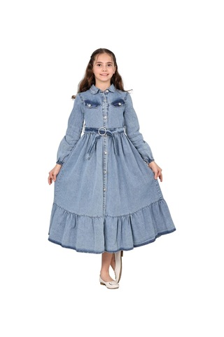 Kız Çocuk Kot Elbise Denim Kumaş Pamuklu Uzun Kot Jean Elbise Buz Mavi