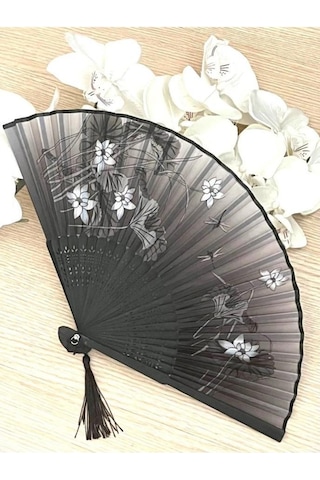Beluga Yelpaze Bambu Kumaş Serinletici Vintage Siyah Şık Dekorasyon Püsküllü Japon Yelpaze 0365