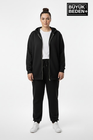 Süperlife Kadın Büyük Beden Fermuarlı Kapüşonlu İnce Sweatshirt Hırka - Rahat Kalıp Spr26bhr960 Siyah