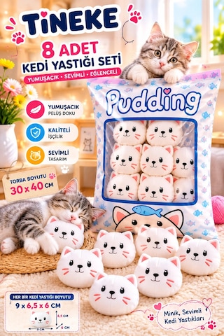 Tineke 8 Li Peluş Kedi Yastığı Seti Minik Yumuşak Kedi Oyuncağı Ve Uyku Arkadaşı Beyaz