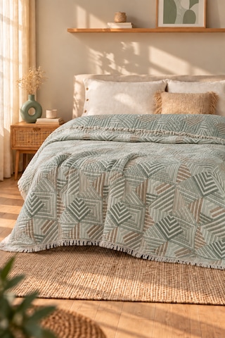 Geometrik %100 Pamuklu Müslin Yatak Örtüsü Pike , Premium Püsküllü Çift Taraflı 220x240 Mint-yeşil