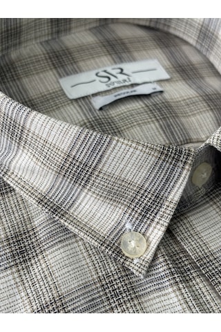 Süvari Bol Kesim Cepli Ekose Desenli Kısa Kol Erkek Gömlek Bej