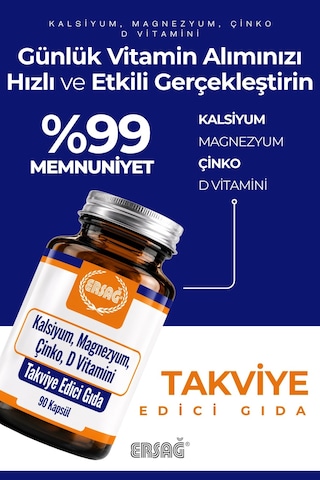 Ersağ Kalsiyum Magnezyum Çinko D Vitamini Takviye Edici Gıda 90 Kapsül