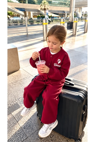 Elzo Collection Unisex Çocuk Unicorn Nakış İşlemeli Bordo Kolej Ceket Eşofman Alt Üst Takım