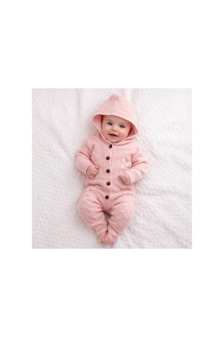 Babysena Kapüşonlu Örgü Kız Bebek Tulum Pembe