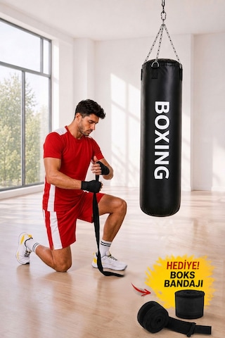 Boxing 100 Cm Yetişkin İdeal Boy Hazır Dolu Boks Torbası Ve Zinciri - Hediye Boks Bandajı Siyah