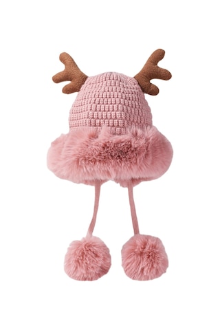 Kadınlar İçin Şık Noel Temalı Örgü Kulaklıklı Bere Renkli Boynuz Detaylı Sıcak Kış Şapkası Pembe