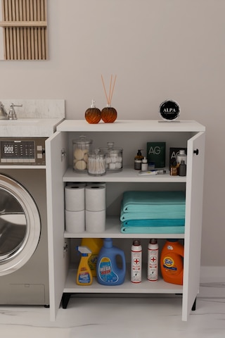 Çok Amaçlı Banyo & Çamaşır Odası Dolabı, Ayarlanabilir Raflı, Kapaklı Modern Banyo Dolabı Beyaz