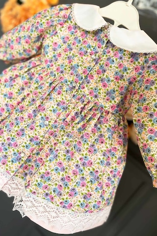 Rokoko Çiçek Desenli Kız Çocuk Bebek Dantelli Renkli Pamuk Elbise 001