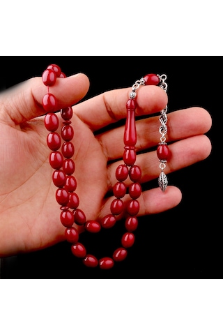 925 Ayar Gümüş Püsküllü Bordo Renk Ateş Kehribar Tesbih