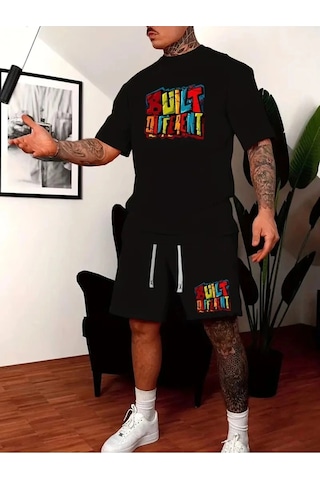 Startmore Erkek Beyaz''renkli Built Different Baskılı'' Basic Oversize T-shirt- Şort Takım Strup0000000000014 Siyah