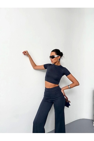 Osy Modal Yumuşak Dokulu Kumaş Kısa Kollu Crop Alt Ispanyol Paça Pantalon Ikili Takım - Füme Füme