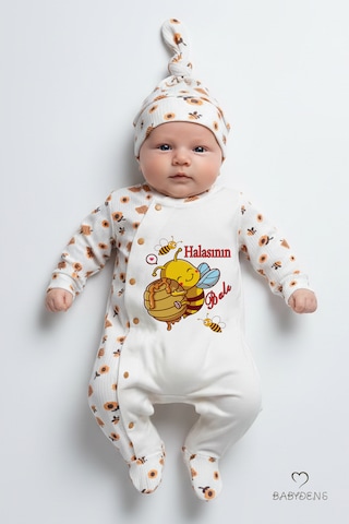 Babyden's Halasının Balı Yazılı Yenidoğan Bebek Tulumu Şapka Seti Arı Desenli %100 Pamuk Çıtçıtlı Bebek Tulum Ekru - Çok Renkli