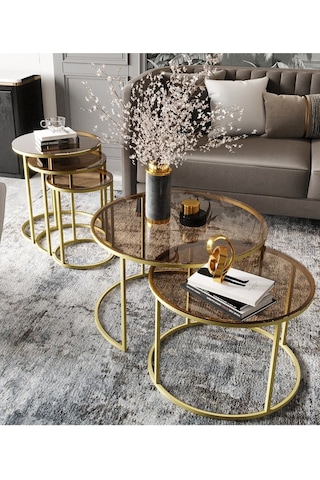 Dekoport Milas Gold Orta Ve Zigon Sehpa Seti - Bronz Cam Gold Bronz