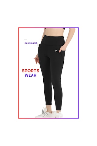 Kadın Siyah Yüksek Bel Çift Cepli Toparlayıcı Spor Tayt 1057 SiYAH
