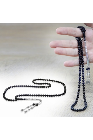 Tesbihname Sıkma Kehribar Namaz Tesbihi - Kararmaz Metal Püsküllü - Bilek Boy - Süzme Mavi Siyah - Küre Kesim Çok Renkli