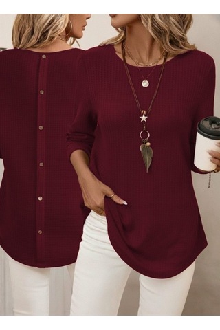 Tua Moda Kadın Uzun Kollu Yuvarlak Yaka Arkadan Düğmeli Waffle Bluz Bordo