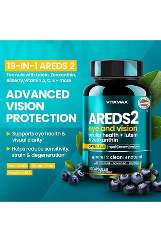 Areds 2 Eye Vitamins - Lutein, Zeaxanthin, Bilberry, Astaxanthin Mineral Vision 60 Kapsül