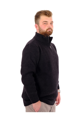 Mode Xl Büyük Beden Erkek Triko Kazak Yarım Fermuarlı Dik Yaka 24209 Siyah Siyah