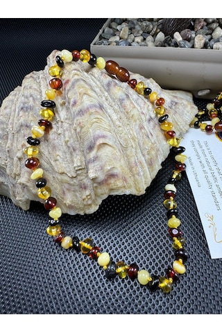 Kehribar Bebek Diş Çıkarma Kolyesi Altın