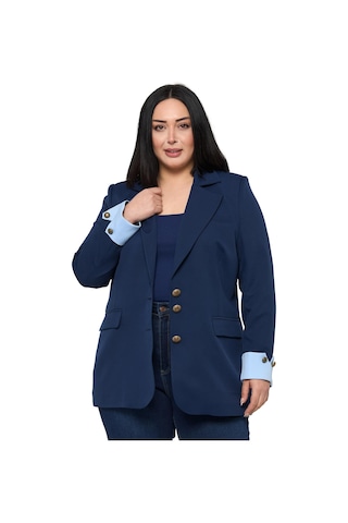 Disentis Büyük Beden Manşeti Kumaş Garnili Düğme Detaylı Astarlı Lacivert Mavi Blazer Ceket Lacivert Mavi