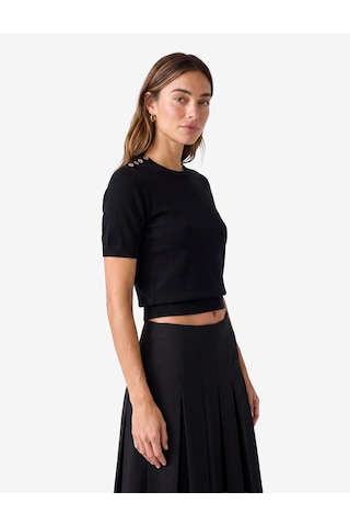 Koton Regular Fit Düğme Detaylı Bisiklet Yaka Kısa Kollu Triko Tişört Siyah 7wak90579ht